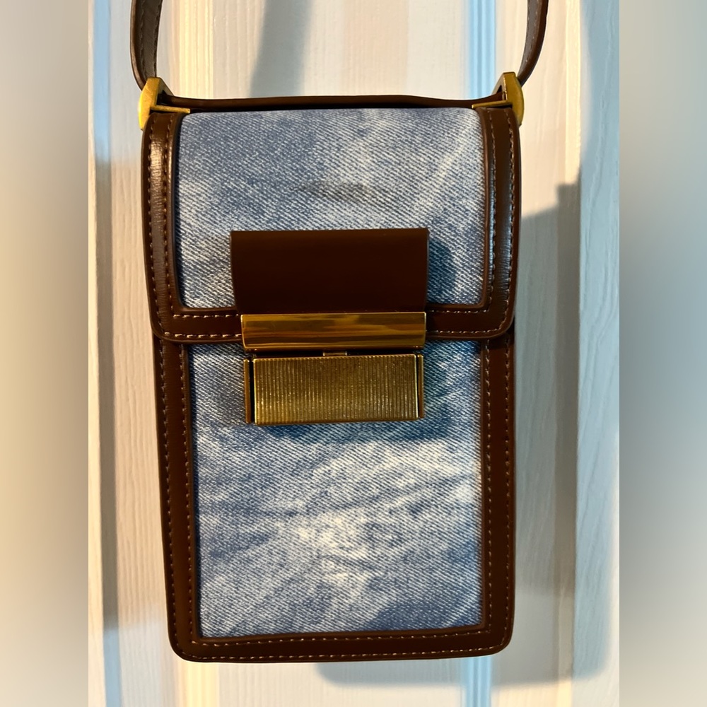 Womens PU Leather Cell Phone Crossbody/Shoulder Purse, adj Strap BrownBlue